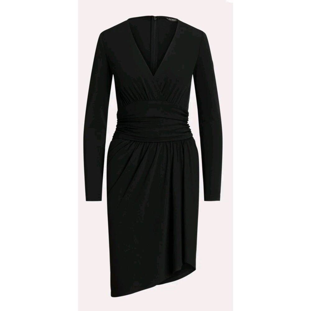 NWT Lauren Ralph Lauren Ruched Stretch Jersey Surplice Dress Black Women's Sz 12